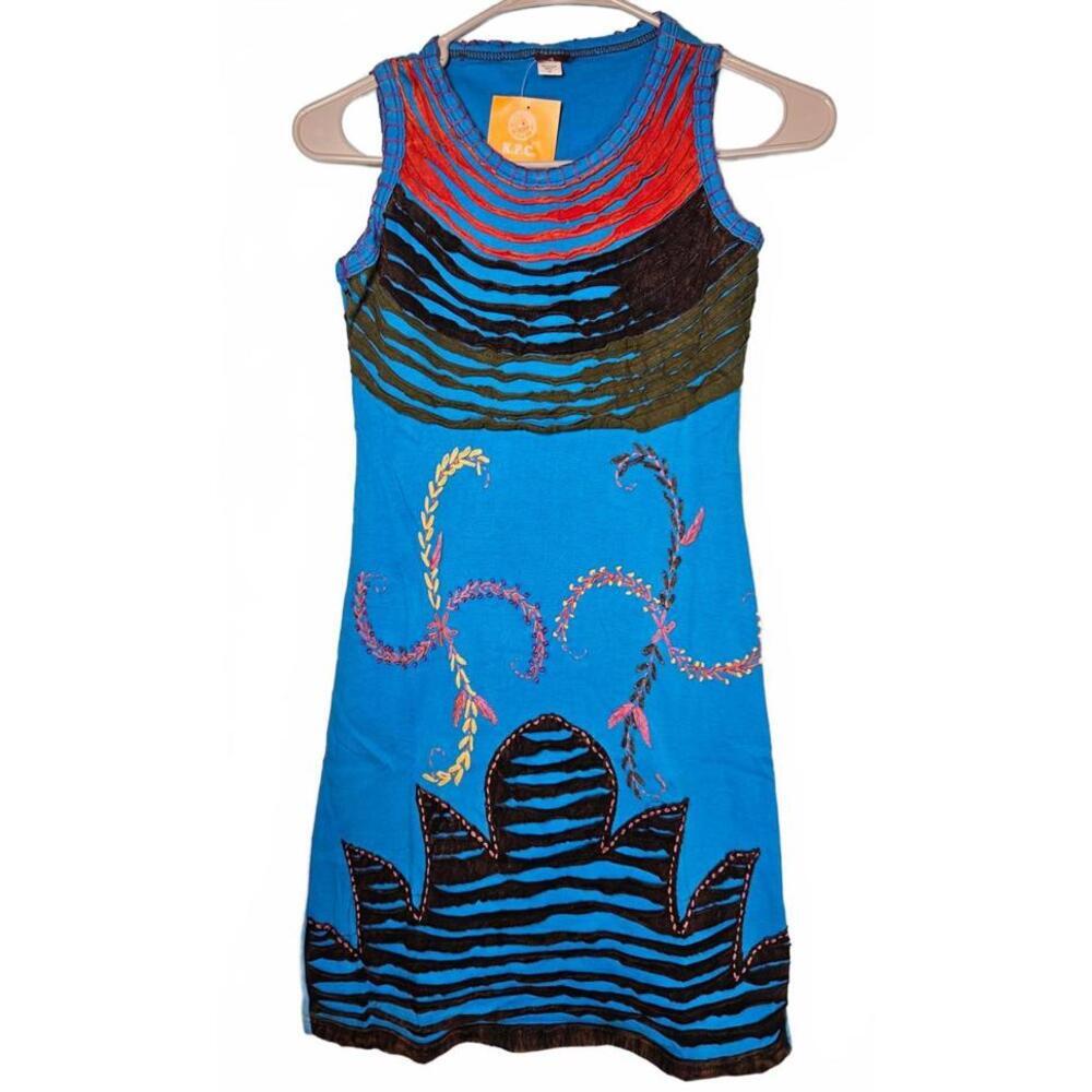 K.P.C. Women's‎ Blue Boho Embroidered Handmade in Nepal Dress Size Medium